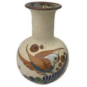 Vintage Mexican Mexico Folk Art Pottery Floral Bird 5.5" Bud Vase Hand Painted